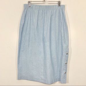 Vintage Blue Silver Button Side Pencil Midi Skirt